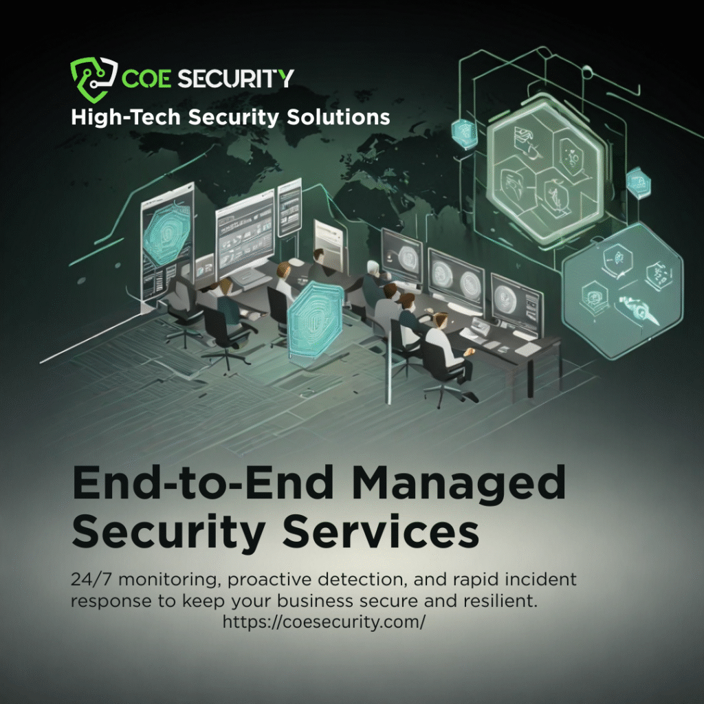 Futuristic security operations center with cybersecurity analysts monitoring threat dashboards, SIEM logs, and real-time alerts. Holographic overlays show icons for threat hunting, vulnerability scanning, incident response, compliance, and endpoint protection. Text reads: ‘End-to-End Managed Security Services by COE Security’