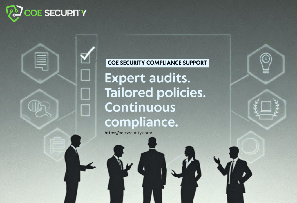 Illustration of a compliance advisor reviewing digital policy checklists with a corporate team. Surrounded by hexagon icons representing audits, policy development, regulatory frameworks like HIPAA and GDPR, staff training, and continuous monitoring. Background includes tech and legal motifs, with overlaid text: ‘Compliance Support Services by COE Security’