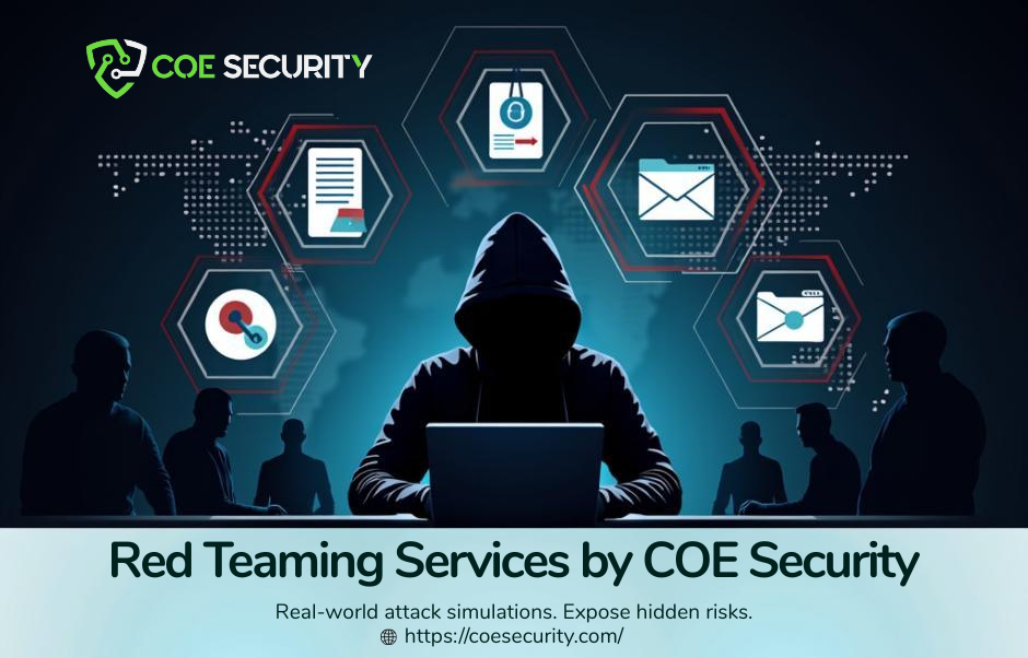 Silhouetted ethical hacker operating a laptop in a dark environment, surrounded by red-accented hexagonal icons representing social engineering, physical breaches, ransomware simulation, and APT attack vectors. Background features circuit patterns, cascading code, and a faint world map. Overlaid text reads: ‘Red Teaming Services by COE Security