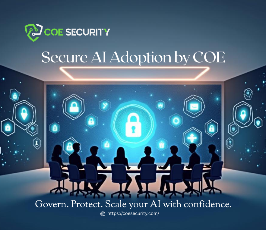 Futuristic digital control room featuring cross-functional teams around a glowing AI hub, with hexagonal icons representing AI governance, adversarial risk protection, secure data pipelines, compliance, and training. Background includes neural networks, circuit lines, and shielded data visuals. Text reads: ‘Secure AI Adoption by COE Security’