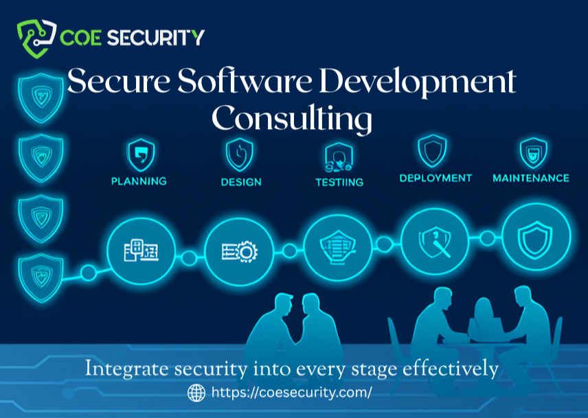 Illustration of a secure software development lifecycle with phases like planning, design, development, testing, deployment, and maintenance. Hexagon icons represent threat modeling, code review, SAST/DAST, DevSecOps, and penetration testing. Developers and security engineers collaborate in a tech-themed background with circuit and code motifs. Text reads: ‘Secure Software Development by COE Security’
